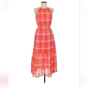 Plaid Halter Neck Dress - Pink and Orange